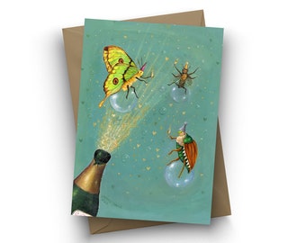 Single Card, Bit o' Bubbly, New Years card, congratulations, champagne, bugs, insects, birthday, celebrate, by Jahna Vashti