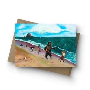 May include: A painting of a black bear playing a banjo, leading a group of animals, including a fox, a rabbit, and a bird, along a sandy beach with a rocky island in the background.