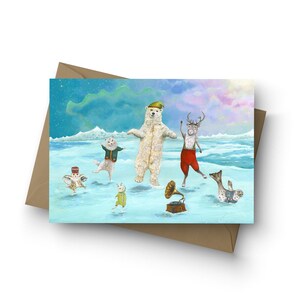 Single Card, Polar Prancing, Winter Solstice, Christmas, holiday, arctic animals, dancing animals, New Years, polar bear,  by Jahna Vashti
