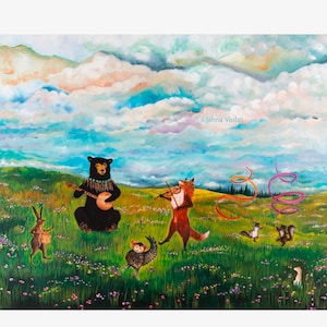 May include: A whimsical painting of a black bear playing a banjo, a fox playing a violin, a rabbit with a drum, a chicken, and two squirrels. The animals are in a field of green grass with pink and purple flowers. The sky is blue with white clouds. The painting is titled "Jahna Vashti".