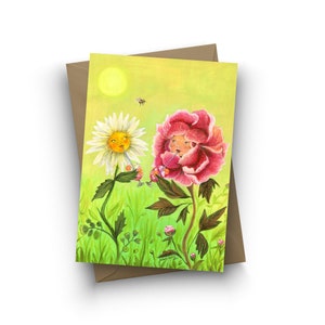 Enkele kaart / Happy Hour-bloemen / blanco binnenkant / A6-formaat / envelop inbegrepen / kunstwerk door Jahna Vashti