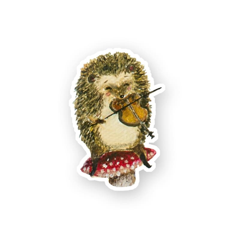 May include: A watercolour illustration of a hedgehog playing a violin while sitting on a red and white mushroom.