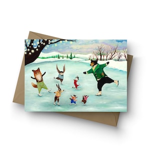 Single Card, A Wondrous Whirl, holiday card, Christmas card, baby shower, winter wedding, black Bear, fox, ice skating, by Jahna Vashti