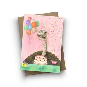 Single Card / Birthday Bird / ostrich / card for girlfriend / birthday cake / cocktail / birthday card for her / funny / by Jahna Vashti