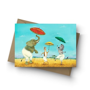 Cartão individual / Calças e guarda-sóis / em branco por dentro / tamanho A6 / envelope incluído / arte de Jahna Vashti