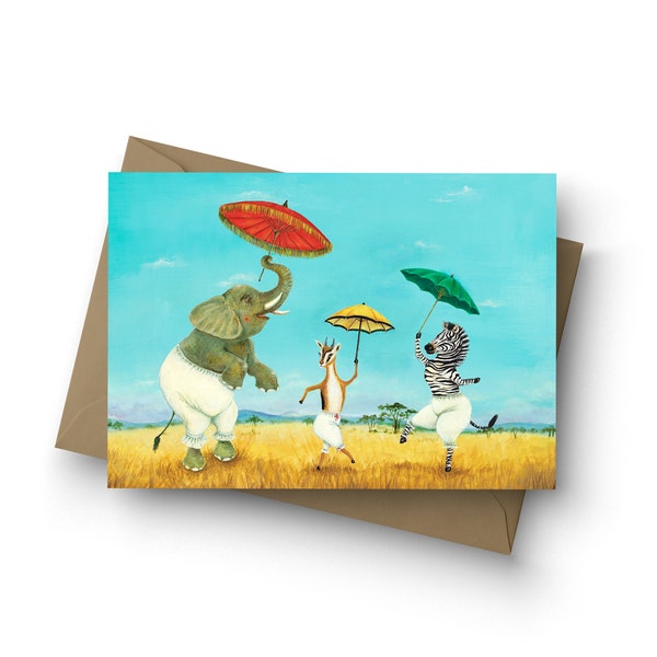 Single Card, Pantaloons & Parasols, elephant, zebra, gazelle, safari animals, baby shower, kids birthday, her birthday, African animals card