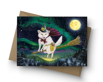 Single Card, Moon Fox Magick, halloween, witch, arctic fox, broomstick, autumn, fall, birthday, birthday, fox, flying witch, by Jahna Vashti