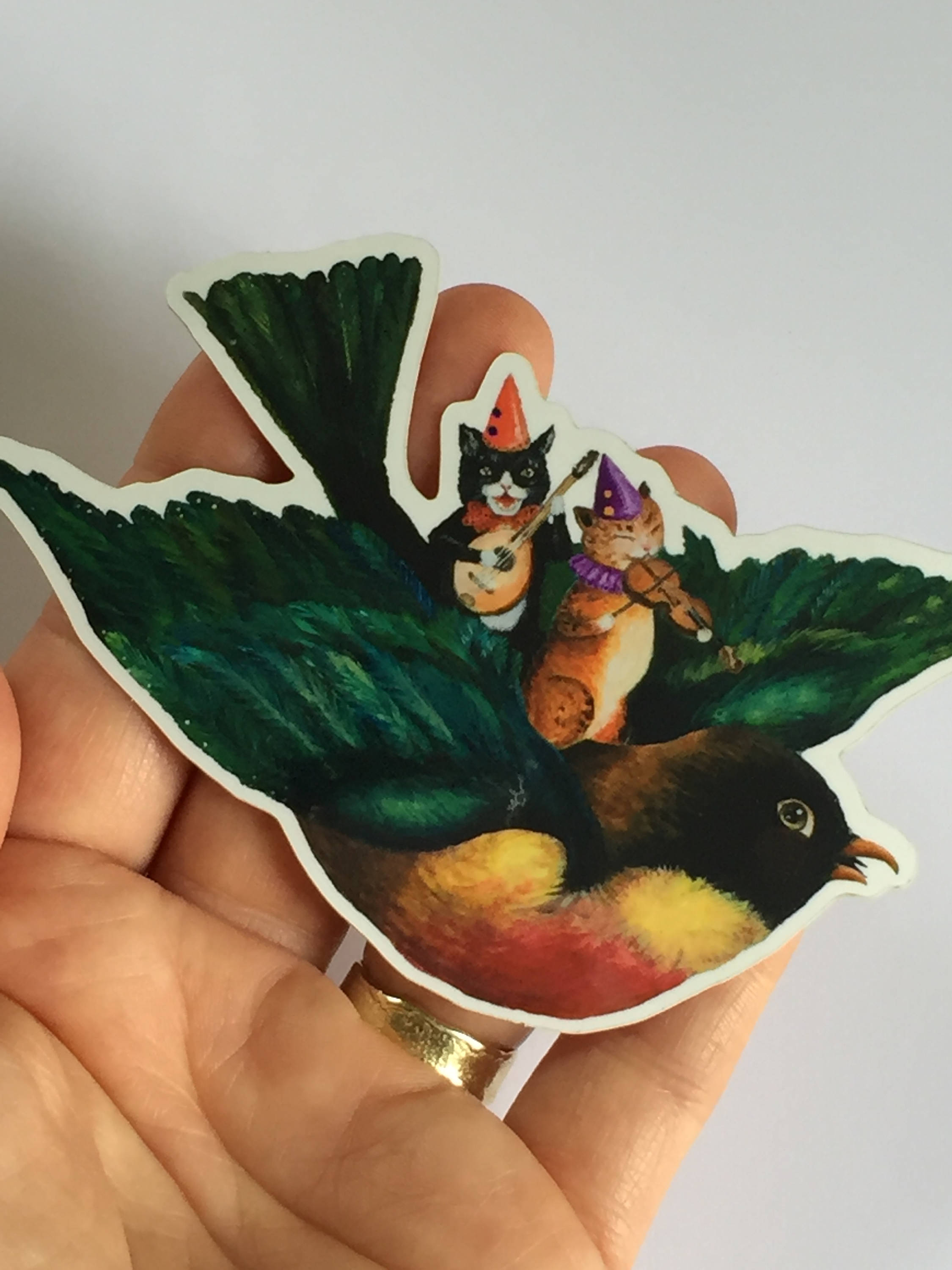 Whimsy Robin Whimsical Cats & Robin Sticker – Flying Bird Vinyl Sticker – by Jahna ...