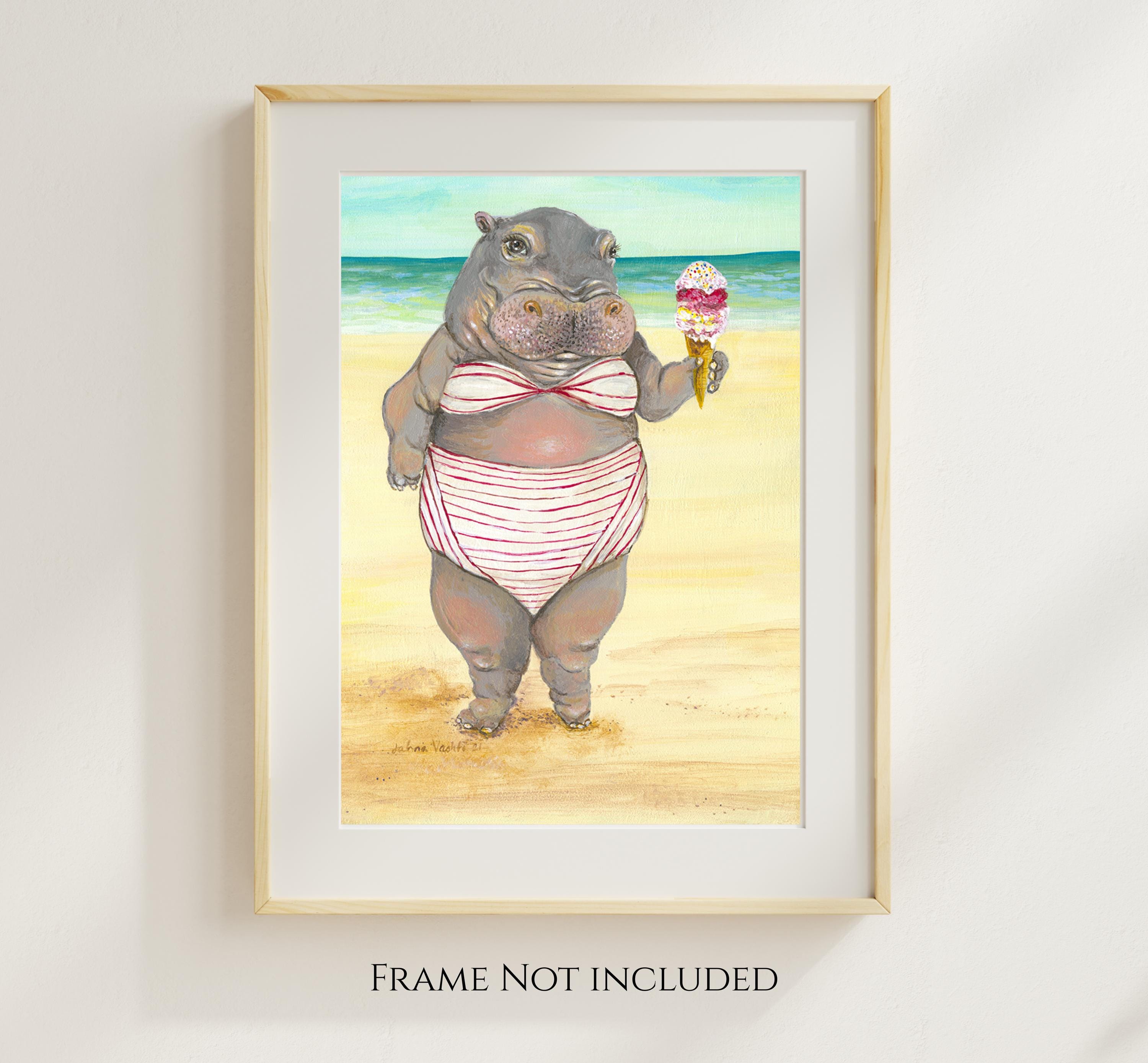 Bikini Hippo Art Print, Delores the Hippo With Ice Cream by Jahna