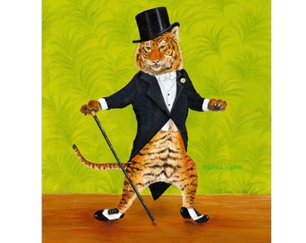 Tapping Tiger Print, tap dance, dancer, wild, cat, wildcat, Fred Astaire, dancing, cute, wall art, nursery decor, kids room, by Jahna Vashti