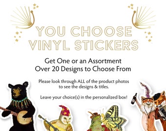 Vinyl sticker, assorted stickers, you choose the designs, animal, music, stocking stuffer, cute, gift for under 10 dollars, by Jahna Vashti