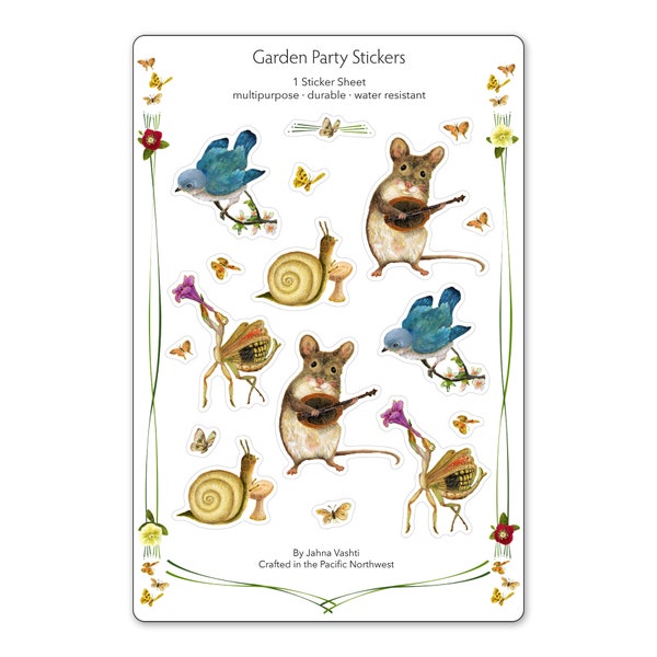 Garden Party sticker sheet, crafting, envelope seals, mouse, bird, snail, flora & fauna, vinyl stickers, cute stickers, by Jahna Vashti