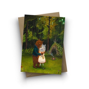 Single Card, Swept off Her Feet, valentine, bear, wolf, anniversary, woodland wedding, engagement card, housewarming card, by Jahna Vashti