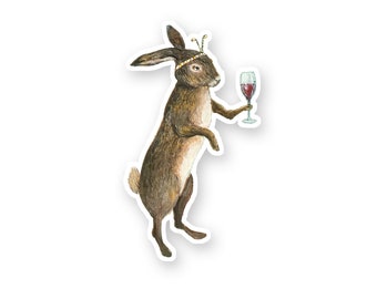 Cute Bunny Sticker – Wine Drinking Rabbit – Whimsical Animal Vinyl Sticker – by Jahna Vashti