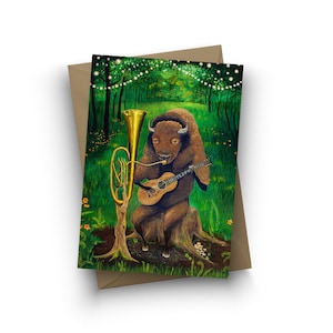 Cartão único / One Man Bison Band / interior em branco / tamanho A6 / envelope incluído / arte de Jahna Vashti
