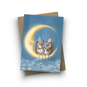 single card / Moon Party / hedgehog birthday card / moon / clarinet / guitar / kids baby birthday / celebration card / by Jahna Vashti