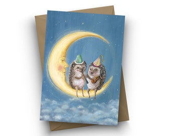 single card / Moon Party / hedgehog birthday card / moon / clarinet / guitar / kids baby birthday / celebration card / by Jahna Vashti