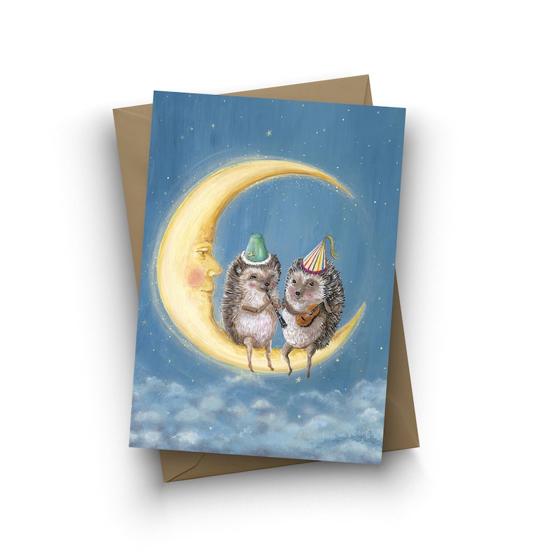 single card / Moon Party / hedgehog birthday card / moon / clarinet / guitar / kids baby birthday / celebration card / by Jahna Vashti image 1