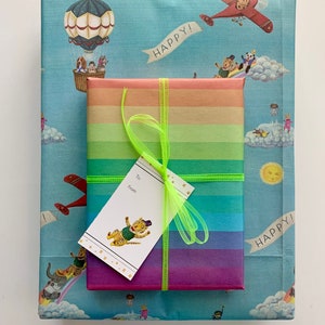 May include: A wrapped gift with a rainbow striped paper and a neon green ribbon. The gift is on top of a larger package wrapped in blue paper with illustrations of animals in airplanes and hot air balloons. A gift tag is attached.
