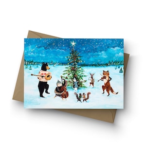 Single Card, O Joyous Night!, Winter Solstice, Holiday party, holiday, woodland animals, Christmas, New Years, animal band, by Jahna Vashti