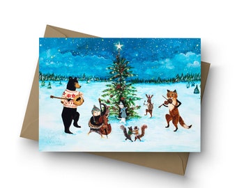 Single Card, O Joyous Night!, Winter Solstice, Holiday party, holiday, woodland animals, Christmas, New Years, animal band, by Jahna Vashti