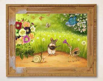 Garden Animal Band Art Print, Whimsical Storybook Garden Music Illustration, by Jahna Vashti