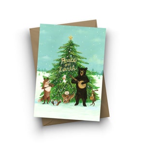 Single Card, Peace on Earth, Christmas, Winter Solstice, holiday, animal band, woodland Christmas, banjo bear, winter card, by Jahna Vashti