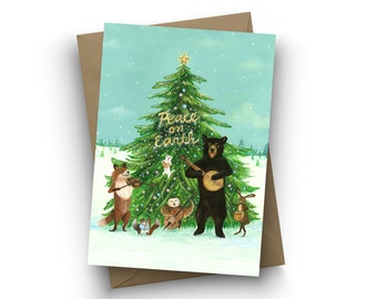 Single Card, Peace on Earth, Christmas, Winter Solstice, holiday, animal band, woodland Christmas, banjo bear, winter card, by Jahna Vashti