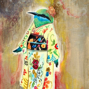 Kimono Bird Print, bird art, geisha art, kimono, whimsical wall decor, home decor, bird art, wall art, nursery animal decor by Jahna Vashti