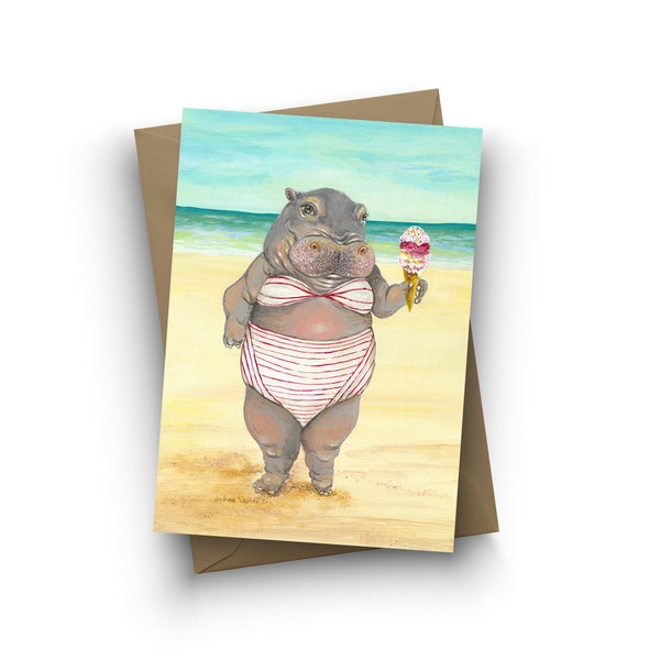 Single Card, Delores's Day Off, Hippo, hippopotamus, beach, summer, cute, bikini, body positive, card for friend, birthday, by Jahna Vashti