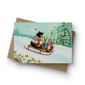 Single Card, A Wintry Tantivy, holiday, woodland animals, Christmas, baby shower, winter wedding, black Bear, fox, sledding, by Jahna Vashti