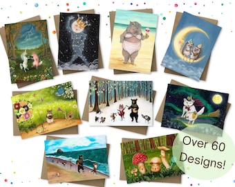Choose Your Own Card Set – Cute Whimsical Animal Greeting Cards – Set of 4, 6, or 12 – by Jahna Vashti