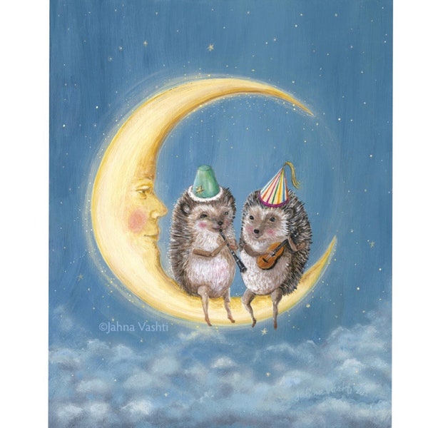Moon Party print / hedgehog art / nursery / hedgehogs / baby / kids / playroom / man on the moon / whimsical / cute / art by Jahna Vashti