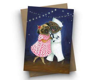 Single Card, Pug Hop, Pug, sailor, valentine, anniversary, boyfriend. girlfriend, engagement card, dogs, wedding, engagement, Jahna Vashti