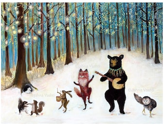 Forest Festivities Print, woodland animals, nursery wall art decor, kids room playroom, winter baby, christmas gift idea by Jahna Vashti