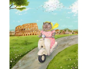 Delores in Rome print/ Hippo / art / Italy / Rome / Vespa / wall decor/ cute / body positive / whimsical / Yolo / nursery / by Jahna Vashti