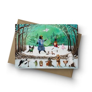 Single Card, The Waltz of Winter, The Nutcracker, holiday, woodland animals, Christmas, baby shower, black Bear, fox, by Jahna Vashti