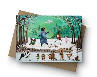 May include: A whimsical winter scene with a bear in a blue suit and a fox in a red suit fencing in a snowy forest. Other animals, including a raccoon, a hedgehog, a frog, a bird, and a horse, are playing music in the background.