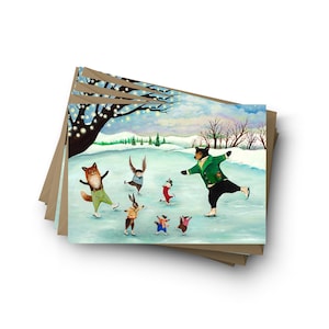 Wondrous Whirl Holiday Card sets, Christmas cards, whimsical winter solstice, woodland Christmas, ice skating, animal card, by Jahna Vashti