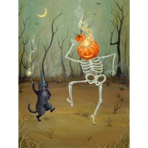 Spooky Sparkles print, Halloween decor, pumpkin, jack o lantern, black cat, skeleton, cute halloween art, happy, whimsical, by Jahna Vashti