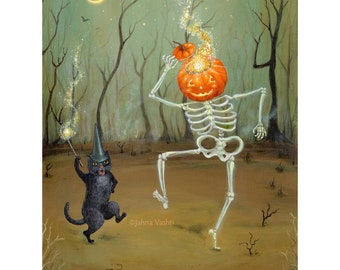 Spooky Sparkles print, Halloween decor, pumpkin, jack o lantern, black cat, skeleton, cute halloween art, happy, whimsical, by Jahna Vashti