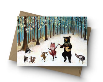 Single Card, Forest Festivities, woodland animal band, whimsical woodland Christmas, holiday card, dancing, birthday card, by Jahna Vashti