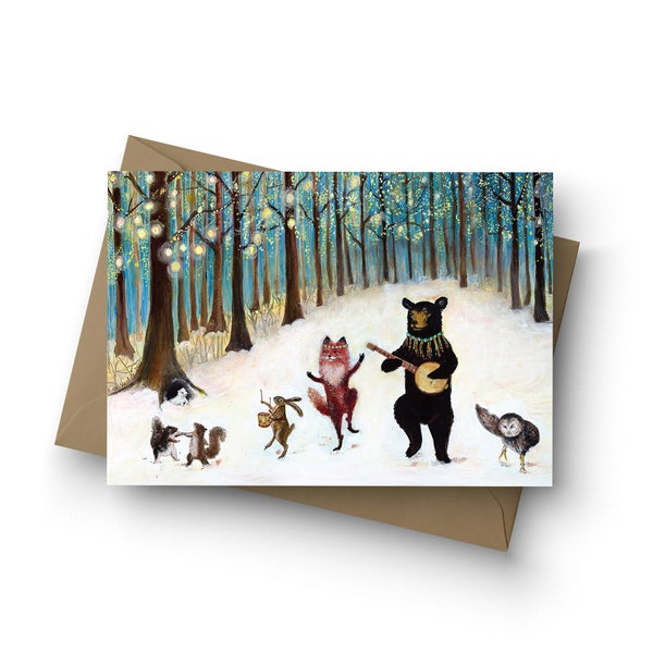 Single Card, Forest Festivities, woodland animal band, whimsical woodland Christmas, holiday card, dancing, birthday card, by Jahna Vashti