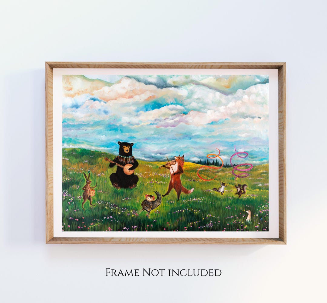 Spring Woodland Animal Dance Art Print, Whimsical Storybook Meadow