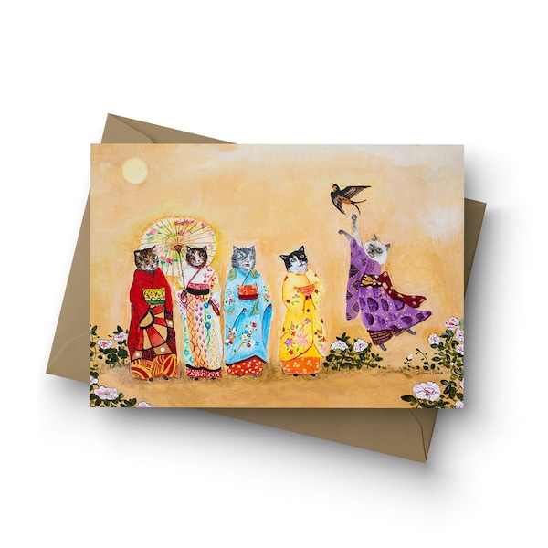 Single Card, Warui Kiti, cats, cat art, geisha cats, birthday, friendship, cat lady card, cats in clothes, all occasion, by Jahna Vashti