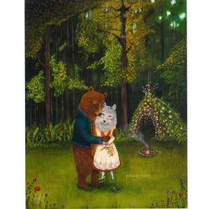 Swept off Her Feet Print, woodland wedding, woodland animal nursery decor, bear and wolf, engagement gift, housewarming, by Jahna Vashti