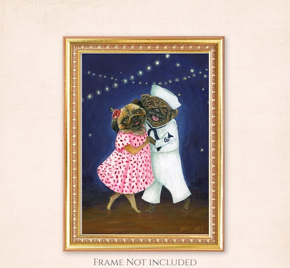 Dancing Pug Couple Art Print, Whimsical Vintage Swing Dance Illustration, by Jahna Vashti