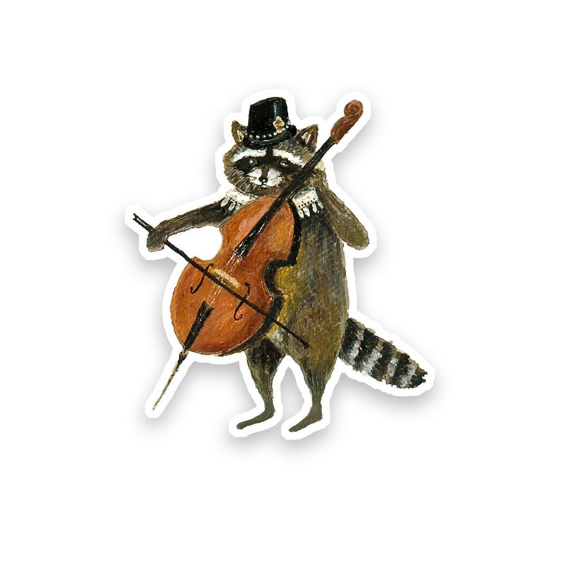 Racoon Vinyl Sticker, die cut raccoon sticker, gift for under 10 dollars, cello, gift for cellist, by Jahna Vashti image 1