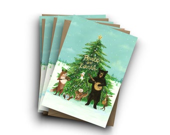 Peace on Earth card sets, Christmas holiday cards, Solstice Cards winter woodland, whimsical christmas, hygge, animal band, by Jahna Vashti