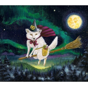 Moon Fox Magick print, Halloween, Arctic Fox, witch, full moon, nursery art, white fox, woodland, broomstick, by Jahna Vashti